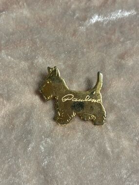 1960s Scottie Dog Brooch Engraved with  “Pauline” Patina Preppy Vintage